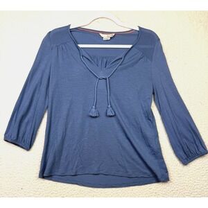 Boden Blouse Womens 2 Blue Tassel Tie V Neck 3/4 Sleeve Jersey Boho Peasant Top